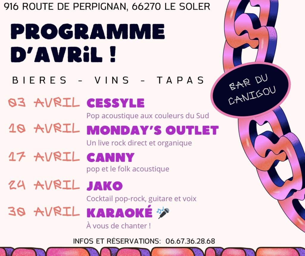 Flyer soirées mars-avril, concerts et karaoké au Bar du Canigou, Soler ; déco chaîne, infos contacts.