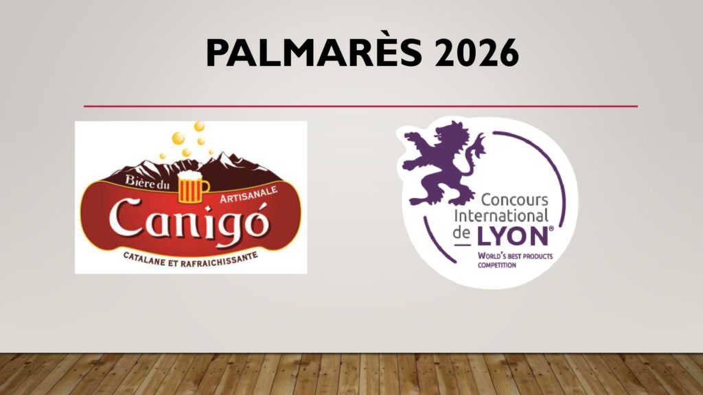 Logos Cerveza Canigó et Concours Lyon 2026, sur fond bois, évoquant la brasserie artisanale catalane.