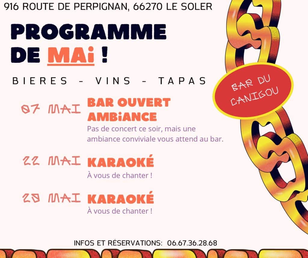 Affiche du Bar du Canigou, soirées bière artisanale catalane et tapas, infos concerts à venir.