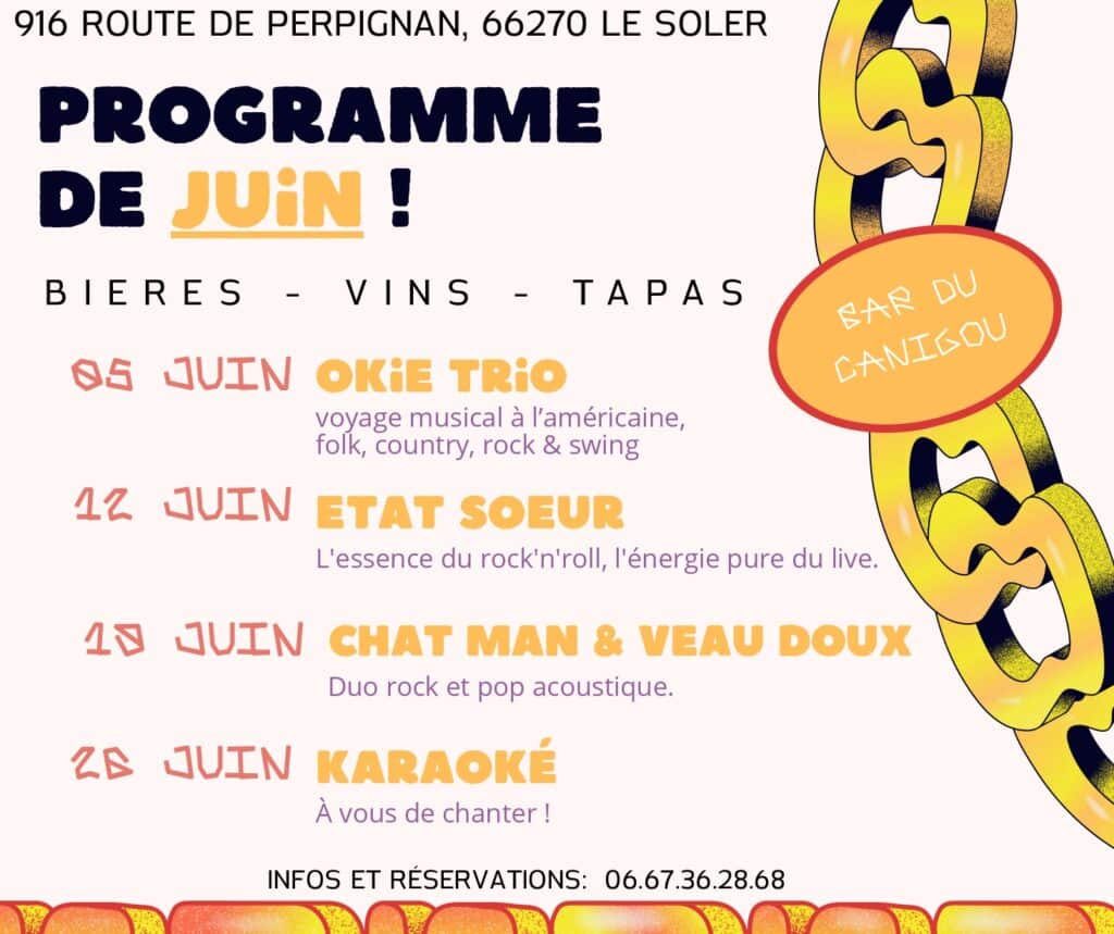 Affiche des soirées musicales de juin au Bar du Canigou, 916 Route de Perpignan, Le Soler.