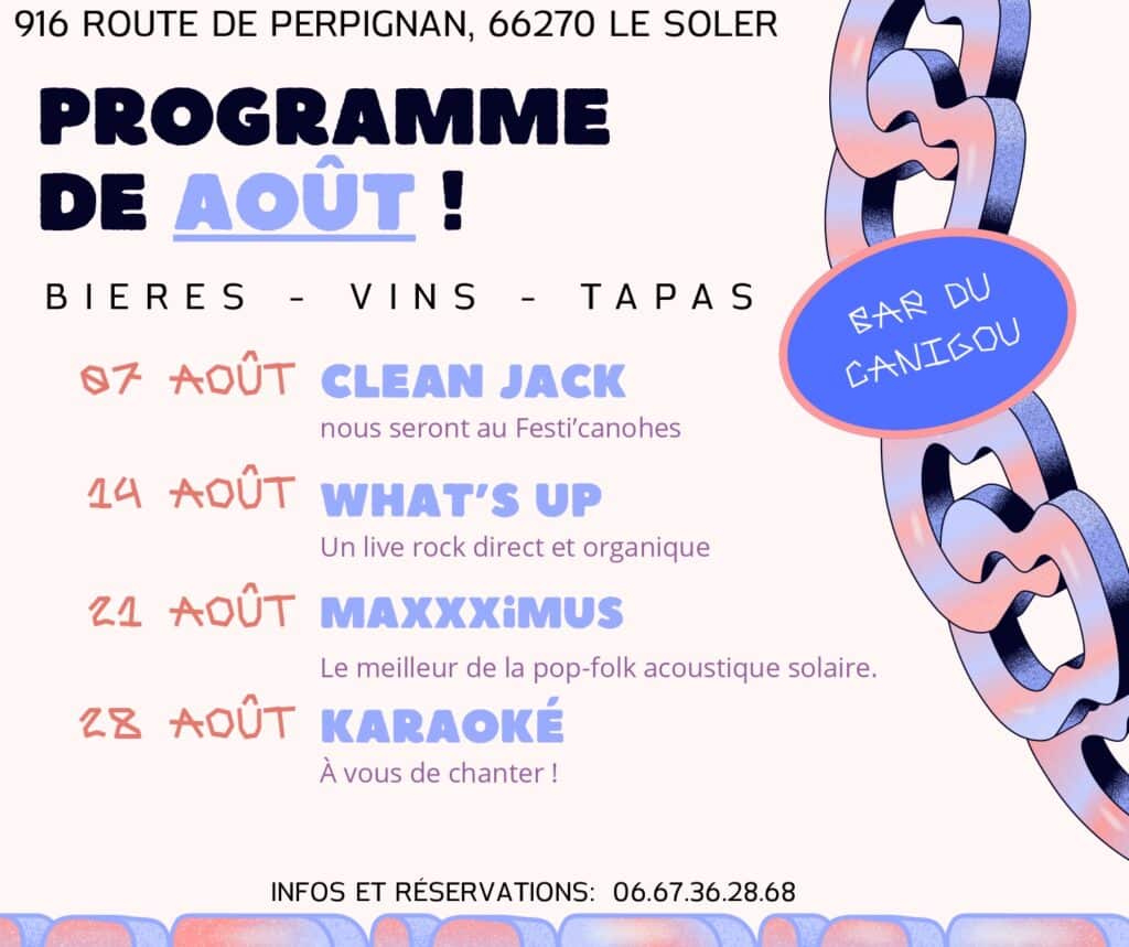 Affiche des soirées musicales d'août au Bar du Canigou, ambiance artisanale catalane conviviale.