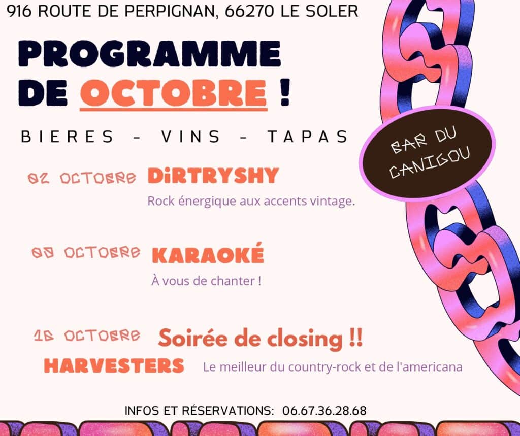 Affiche d'événements au Bar du Canigou, cœur festif du Soler, concerts et karaokés à venir.