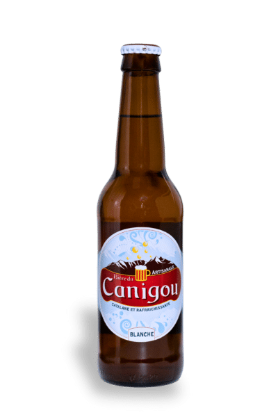 Bouteille brune, Bière du Canigou, étiquette blanche-rouge, 4,8% vol., décor "blanche" bleu.