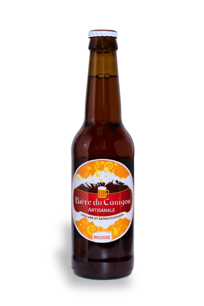 Bière du Canigou Rousse en bouteille brune, étiquette montagne blanche/orange, texte en français.
